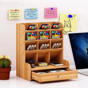 Wooden Desk Organizer - Large Capacity Stationery Box